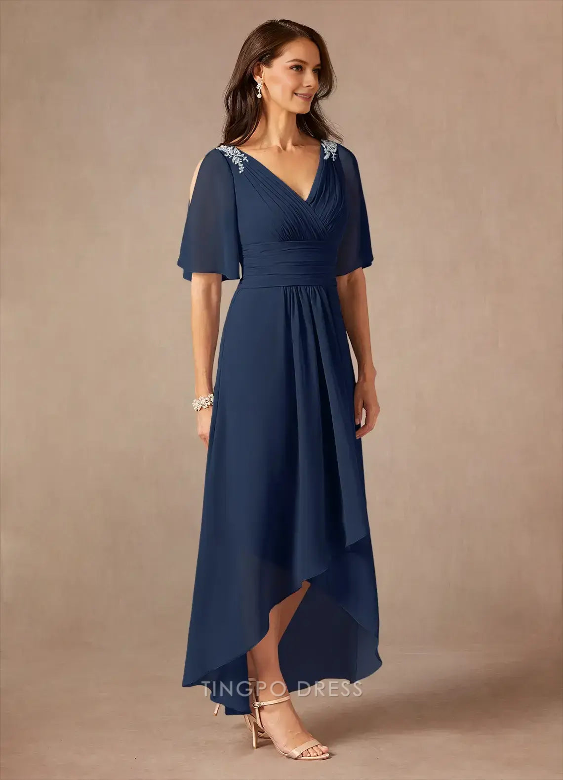 Luxury A-Line V Neck Cap Sleeve Back Zip Ankle-Length Mother of the Bride Dress