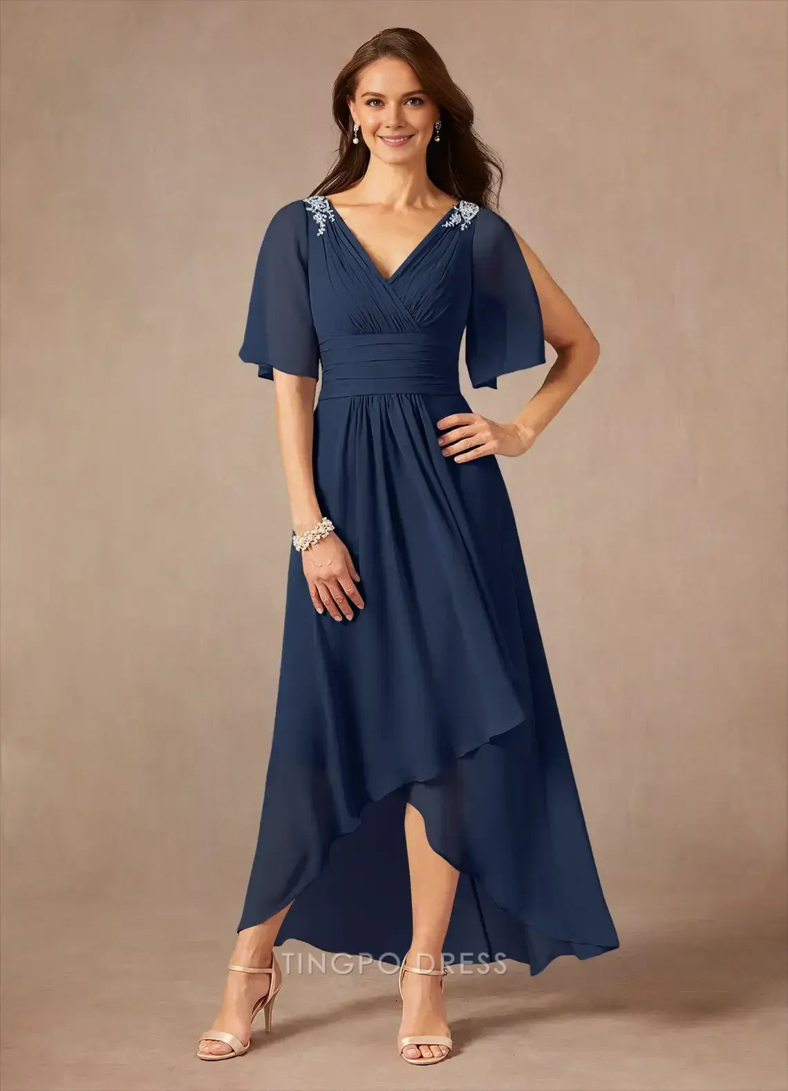 Luxury A-Line V Neck Cap Sleeve Back Zip Ankle-Length Mother of the Bride Dress