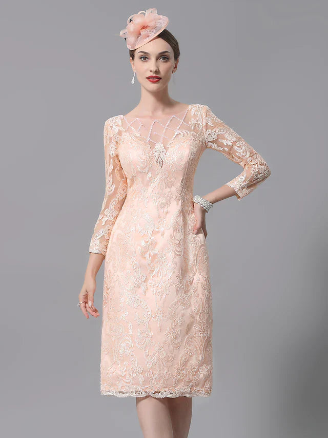 Wholesale Mother of the Bride Dress Plus Size Sexy See Through Bateau Neck Knee Length Lace 3/4 Length Sleeve with Pleats Appliques