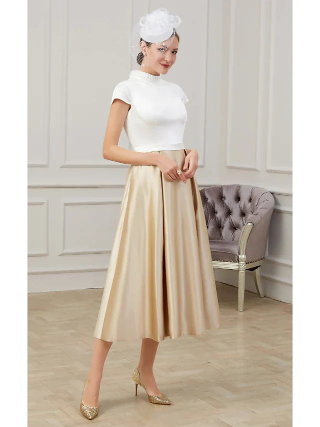 Wholesale A-Line Mother of the Bride Dress Elegant High Neck Tea Length Polyester Short Sleeve with Pleats Ruching