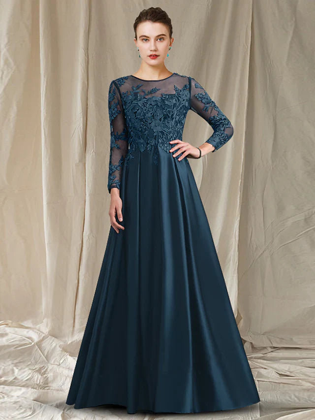 Wholesale A-Line Mother of the Bride Dress Elegant Jewel Neck Tea Length Lace Satin Half Sleeve with Pleats Appliques