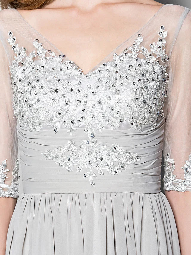 Wholesale A-Line Mother of the Bride Dress V Neck Floor Length Chiffon Tulle Half Sleeve with Ruched Beading Sequin