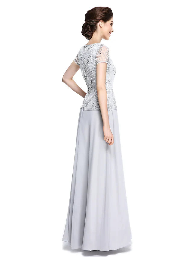 Wholesale Mother of the Bride Dress Jewel Neck Floor Length Chiffon Short Sleeve with Beading Sequin