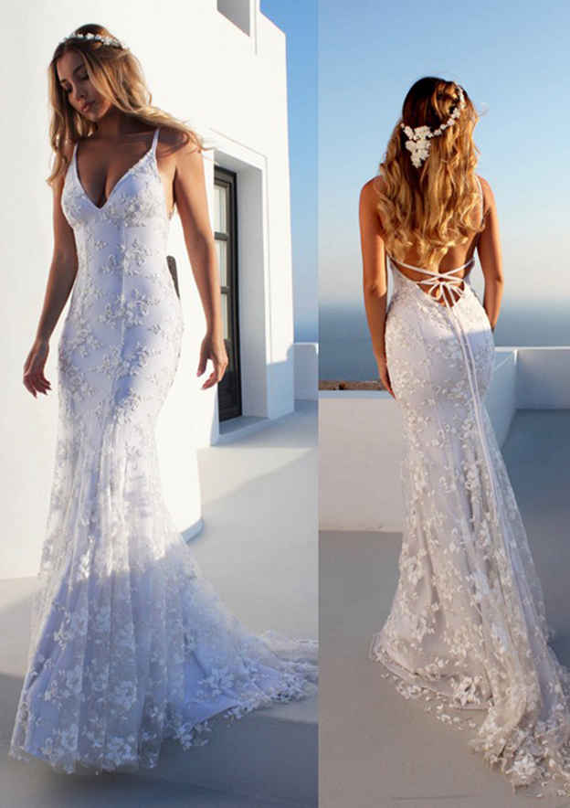 Wholesale Trumpet/Mermaid Spaghetti Straps Floor-Length Lace Wedding Dress