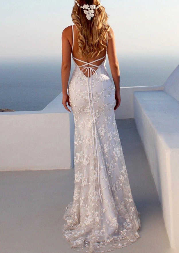 Wholesale Trumpet/Mermaid Spaghetti Straps Floor-Length Lace Wedding Dress