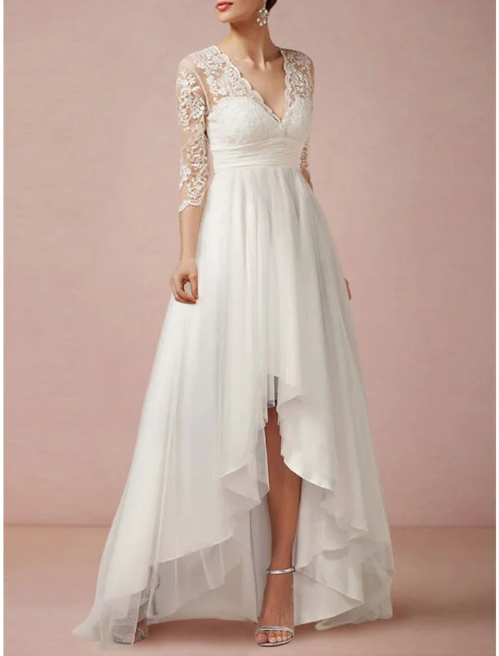 Wholesale A-Line/Princess V-Neck Asymmetrical Lace Wedding Dress