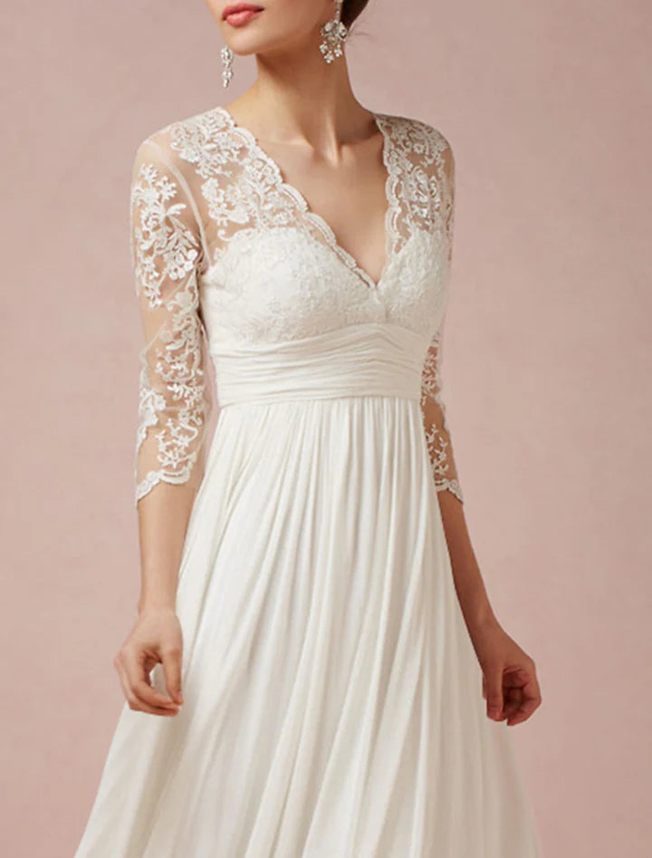 Wholesale A-Line/Princess V-Neck Asymmetrical Lace Wedding Dress