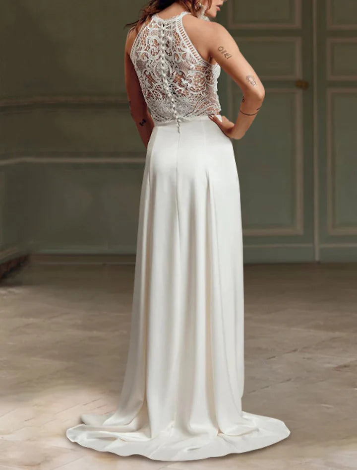 Wholesale Sheath/Column Halter Floor-Length Lace Wedding Dress