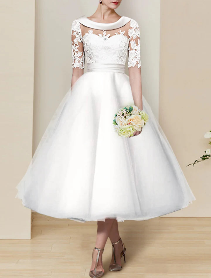 Wholesale Ball Gown Scoop Tea-Length Lace Wedding Dress