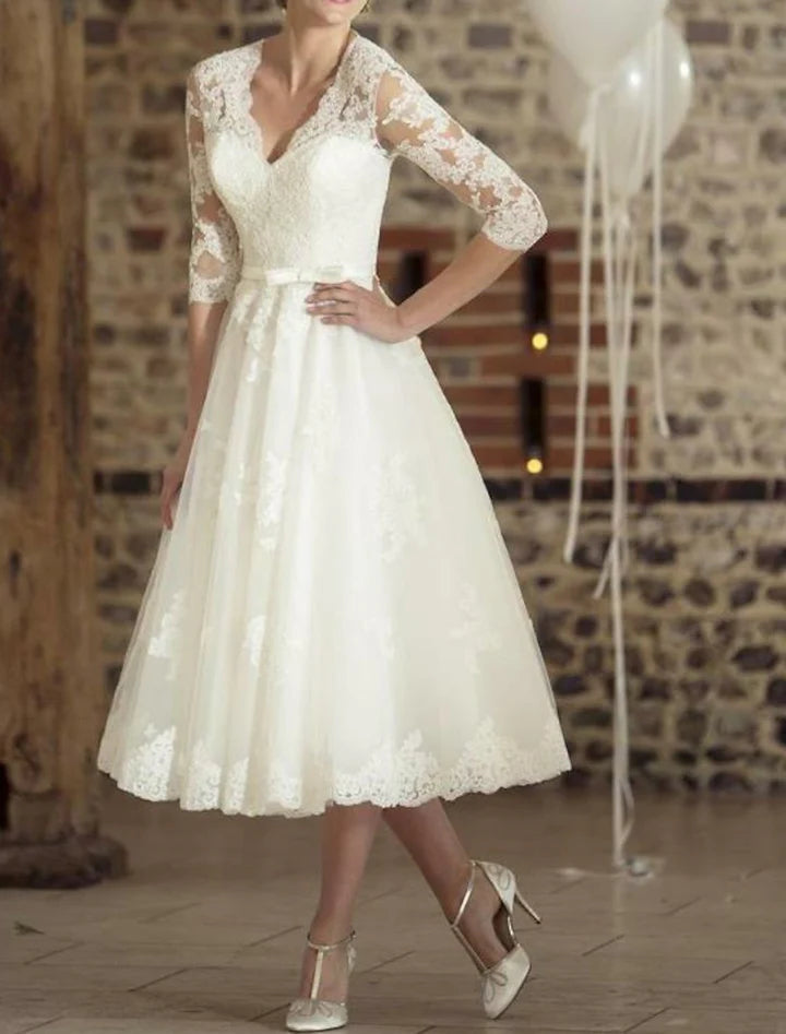 Wholesale A-Line/Princess V-Neck Tea-Length Lace Wedding Dress