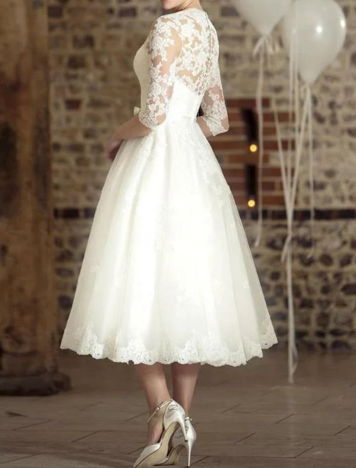 Wholesale A-Line/Princess V-Neck Tea-Length Lace Wedding Dress