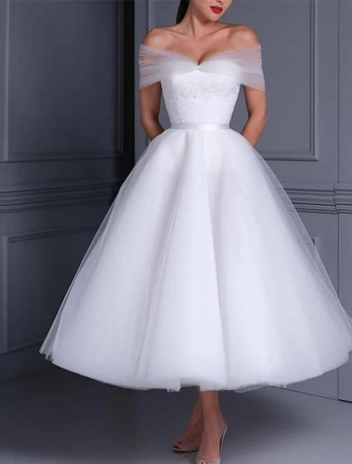Wholesale Ball Gown Off-The-Shoulder Tea-Length Lace Wedding Dress