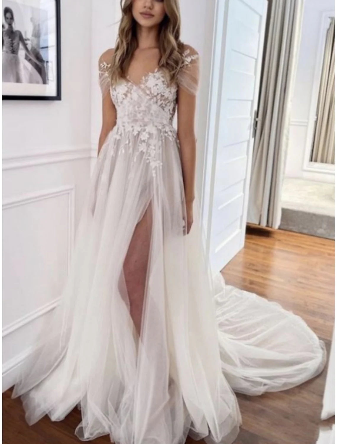 Wholesale A-Line/Princess V-Neck Floor-Length Lace Wedding Dress