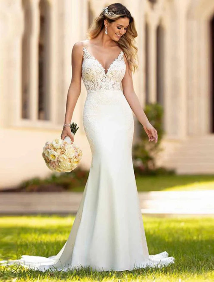 Wholesale Trumpet/Mermaid V-Neck Floor-Length Lace Wedding Dress