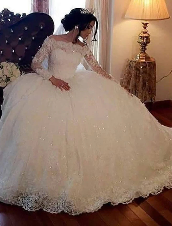 Wholesale Ball Gown Off-The-Shoulder Floor-Length Lace Wedding Dress