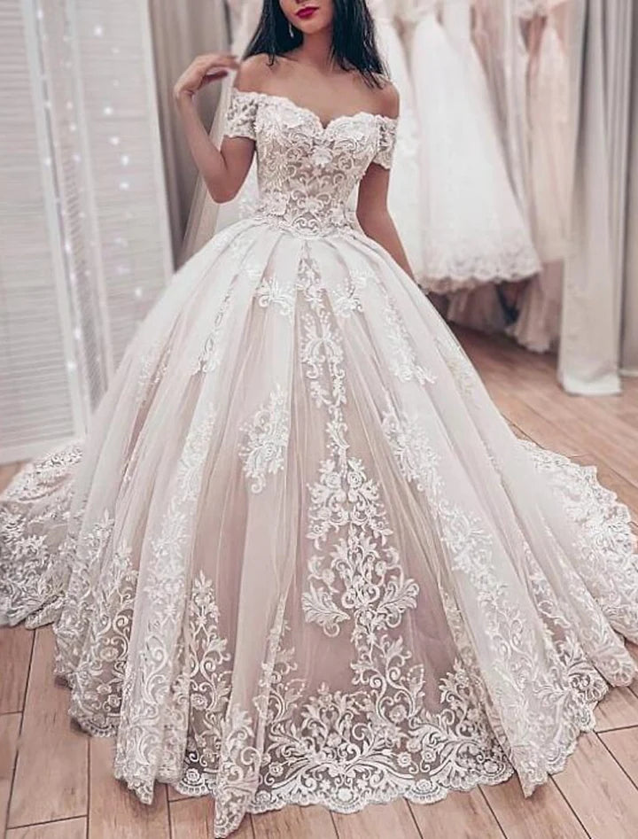Wholesale Ball Gown Off-The-Shoulder Floor-Length Lace Wedding Dress