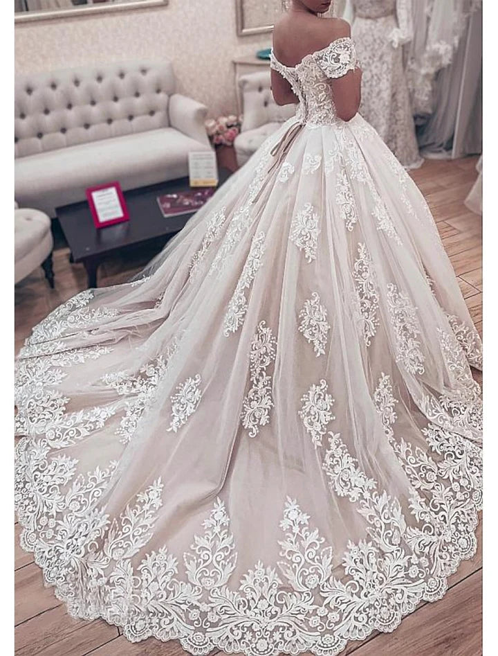 Wholesale Ball Gown Off-The-Shoulder Floor-Length Lace Wedding Dress