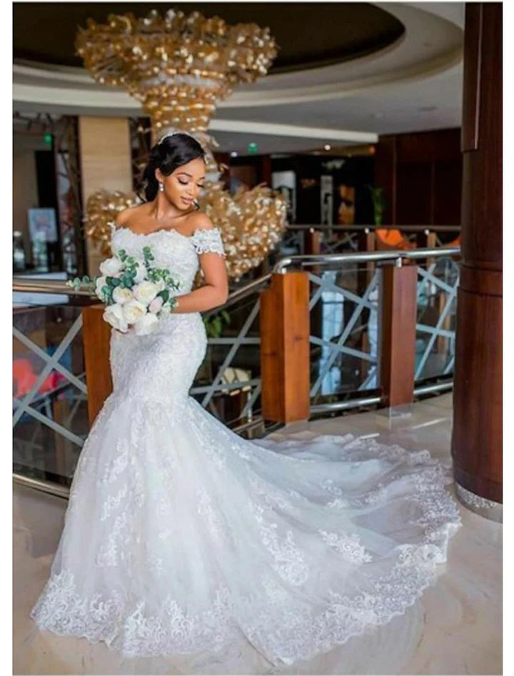 Wholesale Trumpet/Mermaid Off-The-Shoulder Floor-Length Lace Wedding Dress