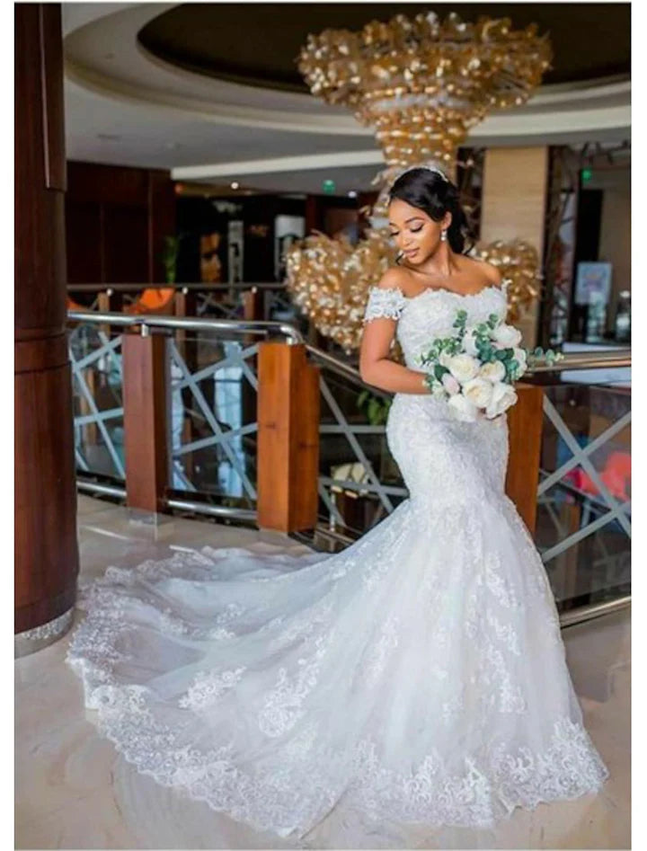 Wholesale Trumpet/Mermaid Off-The-Shoulder Floor-Length Lace Wedding Dress