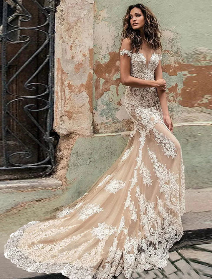 Wholesale Trumpet/Mermaid Off-The-Shoulder Floor-Length Lace Wedding Dress