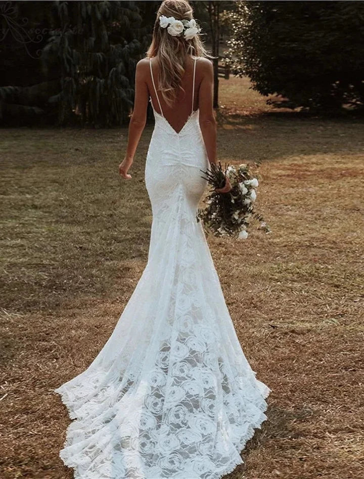 Wholesale Trumpet/Mermaid Spaghetti Straps Floor-Length Lace Wedding Dress