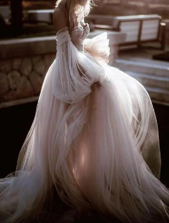 Wholesale A-Line/Princess Off-The-Shoulder Floor-Length Lace Wedding Dress