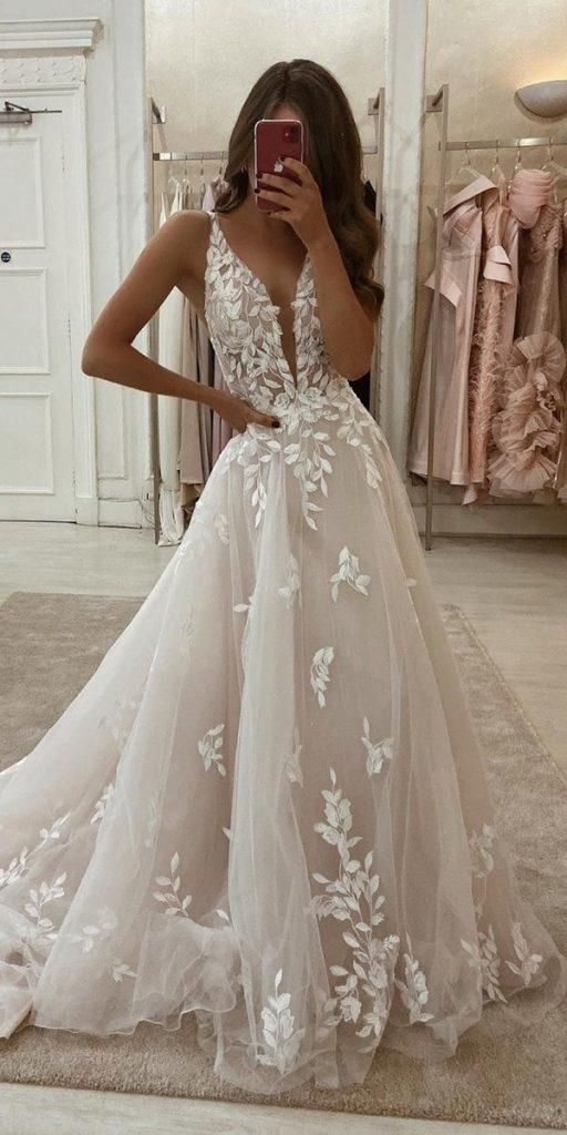 Wholesale A-Line/Princess V-Neck Floor-Length Lace Wedding Dress