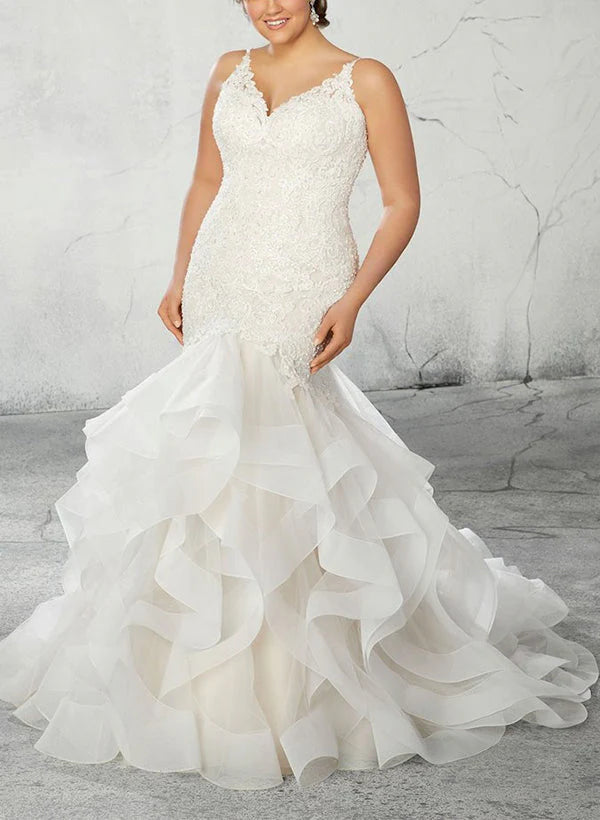 Wholesale Trumpet/Mermaid V-Neck Plus Size Lace Wedding Dress With Applique & Ruffles