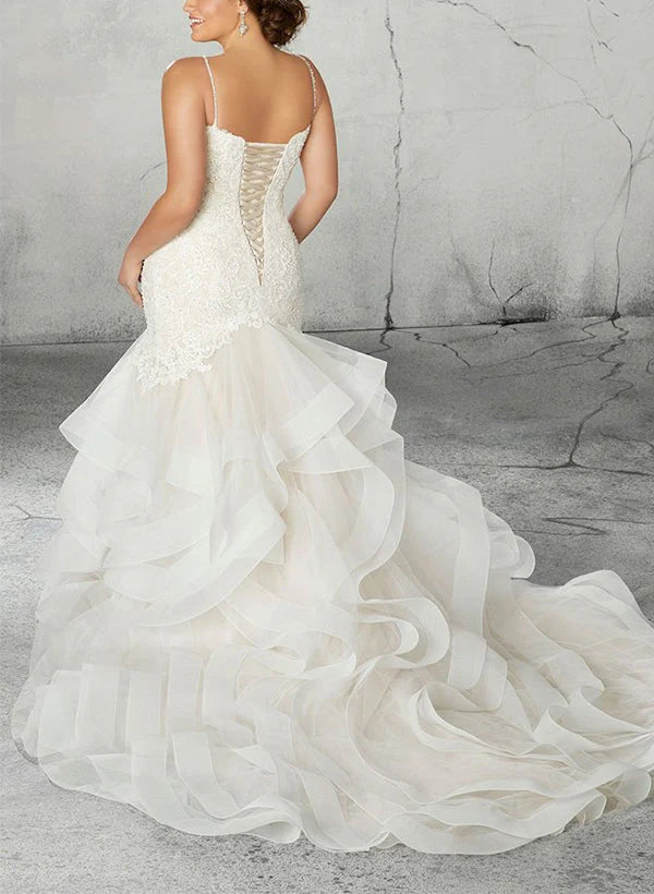 Wholesale Trumpet/Mermaid V-Neck Plus Size Lace Wedding Dress With Applique & Ruffles