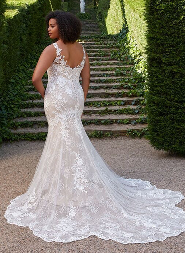 Wholesale Trumpet/Mermaid V-Neck Plus Size Lace Wedding Dress With Applique