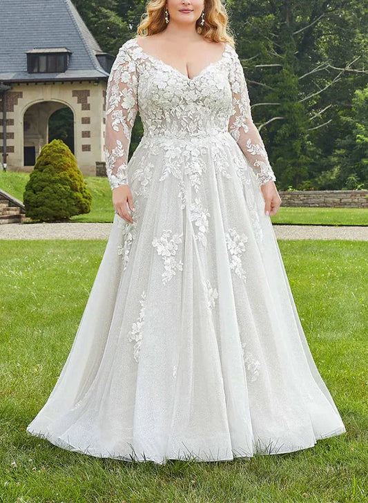 Wholesale A-Line/Princess V-Neck Long Sleeves Plus Size Lace Wedding Dress With Applique