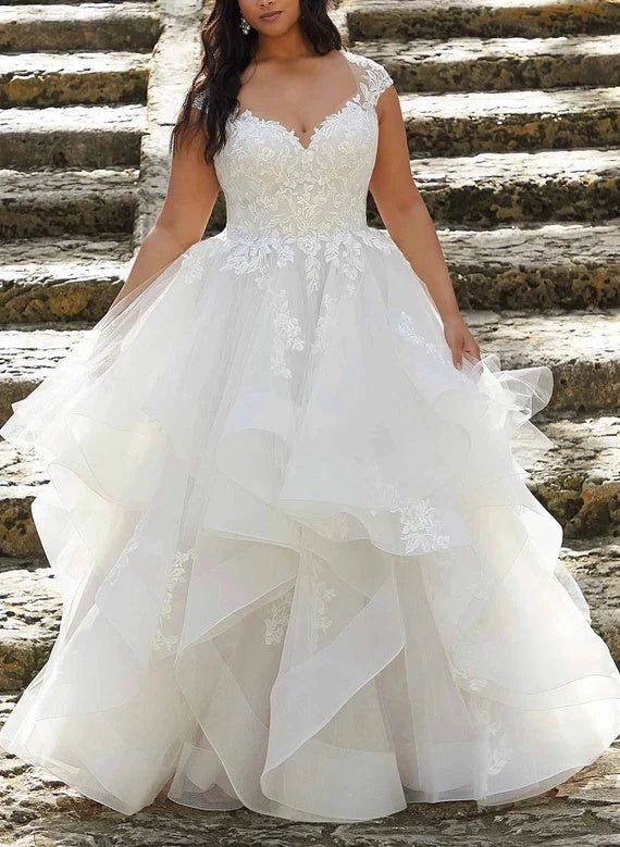 Wholesale A-Line/Princess V-Neck Plus Size Lace Wedding Dress With Applique & Ruffles