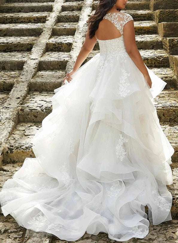 Wholesale A-Line/Princess V-Neck Plus Size Lace Wedding Dress With Applique & Ruffles