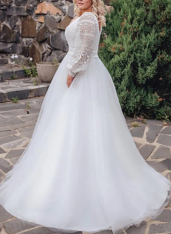 Wholesale A-Line/Princess V-Neck Plus Size Lace Wedding Dress With Applique
