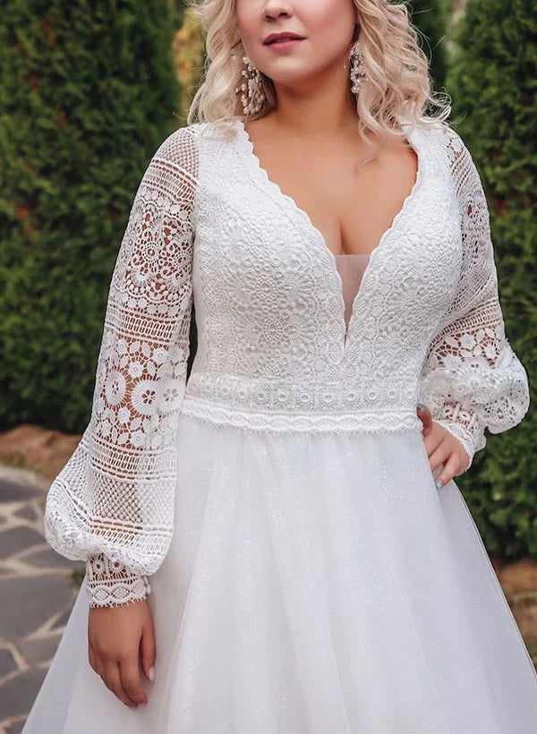 Wholesale A-Line/Princess V-Neck Plus Size Lace Wedding Dress With Applique