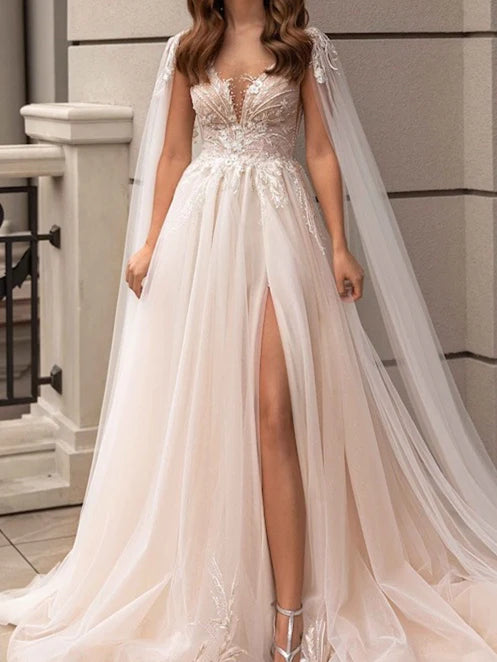 Wholesale A-Line/Princess V-Neck Floor-Length Wedding Dress With Split Side