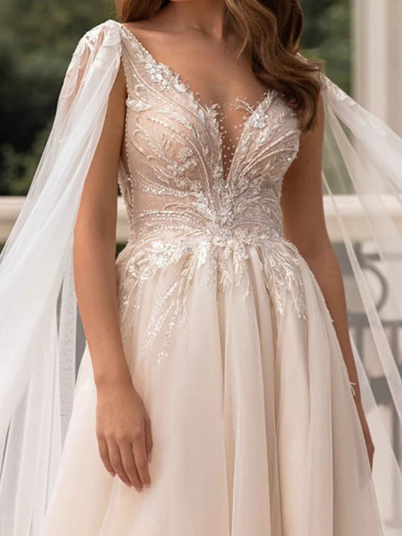 Wholesale A-Line/Princess V-Neck Floor-Length Wedding Dress With Split Side
