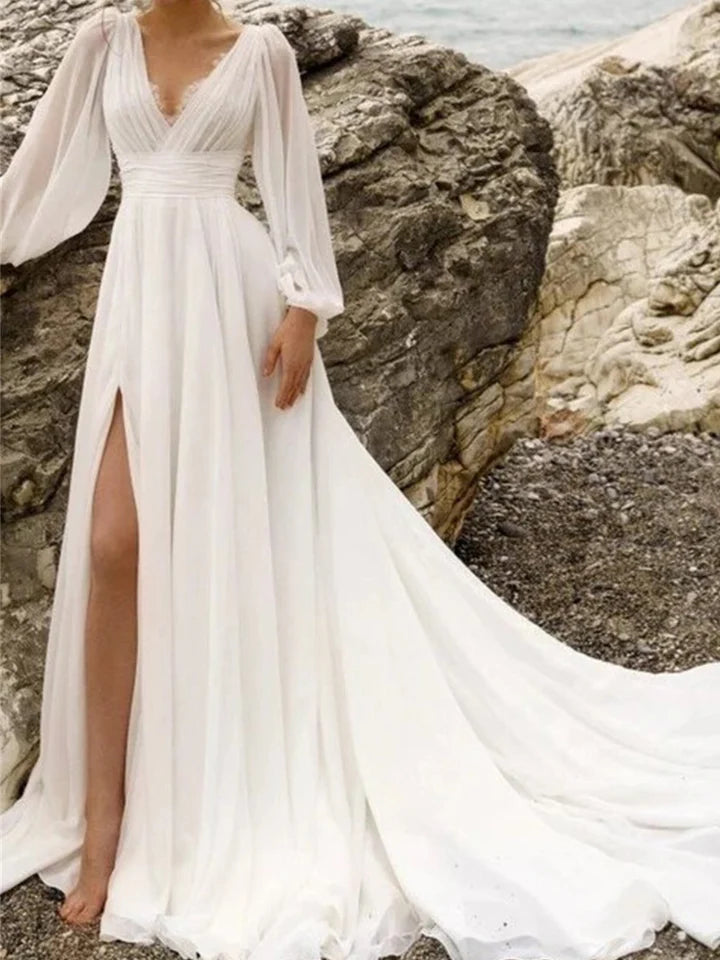 Wholesale A-Line/Princess V-Neck Floor-Length Wedding Dress With Split Side