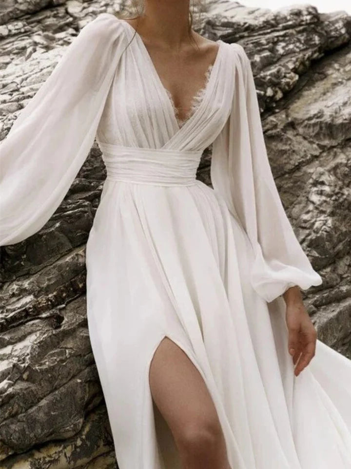 Wholesale A-Line/Princess V-Neck Floor-Length Wedding Dress With Split Side