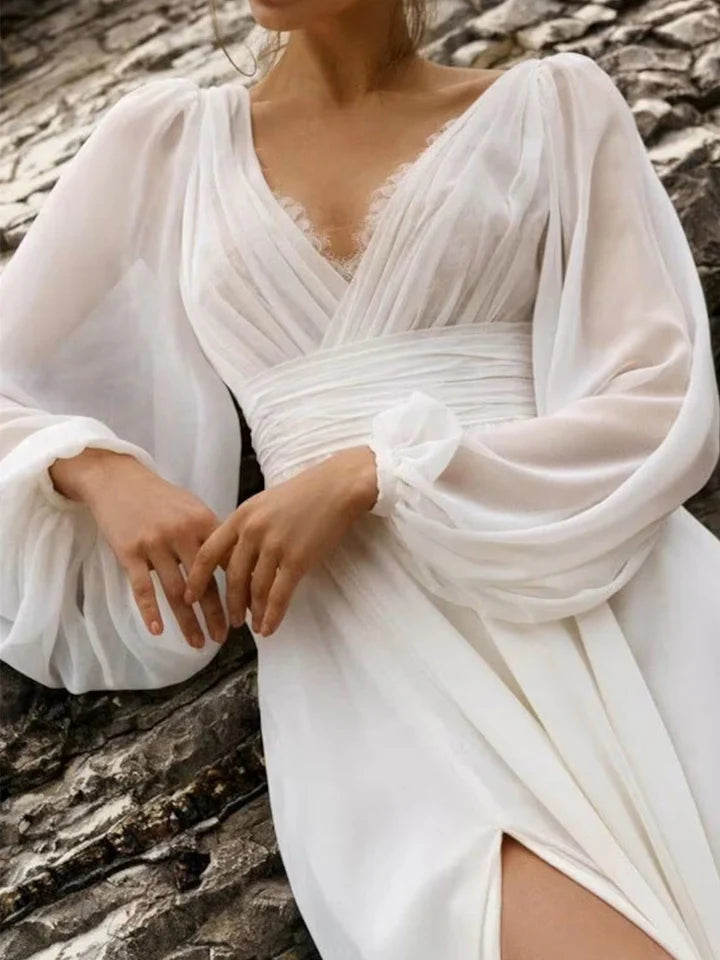 Wholesale A-Line/Princess V-Neck Floor-Length Wedding Dress With Split Side