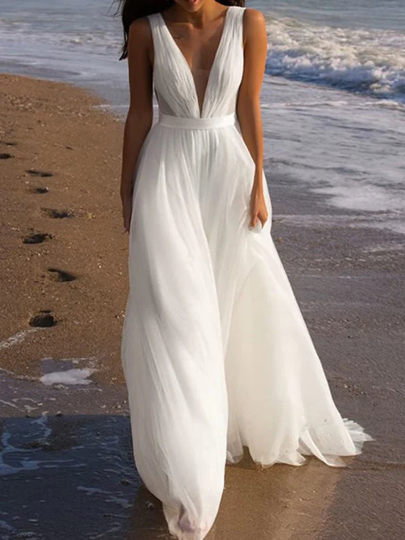 Wholesale A-Line/Princess Deep V-Neck Floor-Length Tulle Wedding Dress