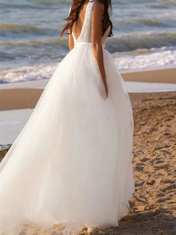 Wholesale A-Line/Princess Deep V-Neck Floor-Length Tulle Wedding Dress