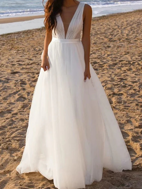 Wholesale A-Line/Princess Deep V-Neck Floor-Length Tulle Wedding Dress