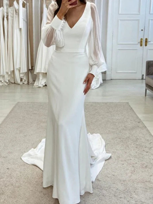 Wholesale Trumpet/Mermaid V-Neck Floor-Length Long Sleeves Wedding Dress