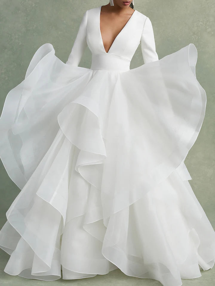 Wholesale A-Line/Princess V-Neck Floor-Length Ball-Gown Wedding Dress With Ruffles