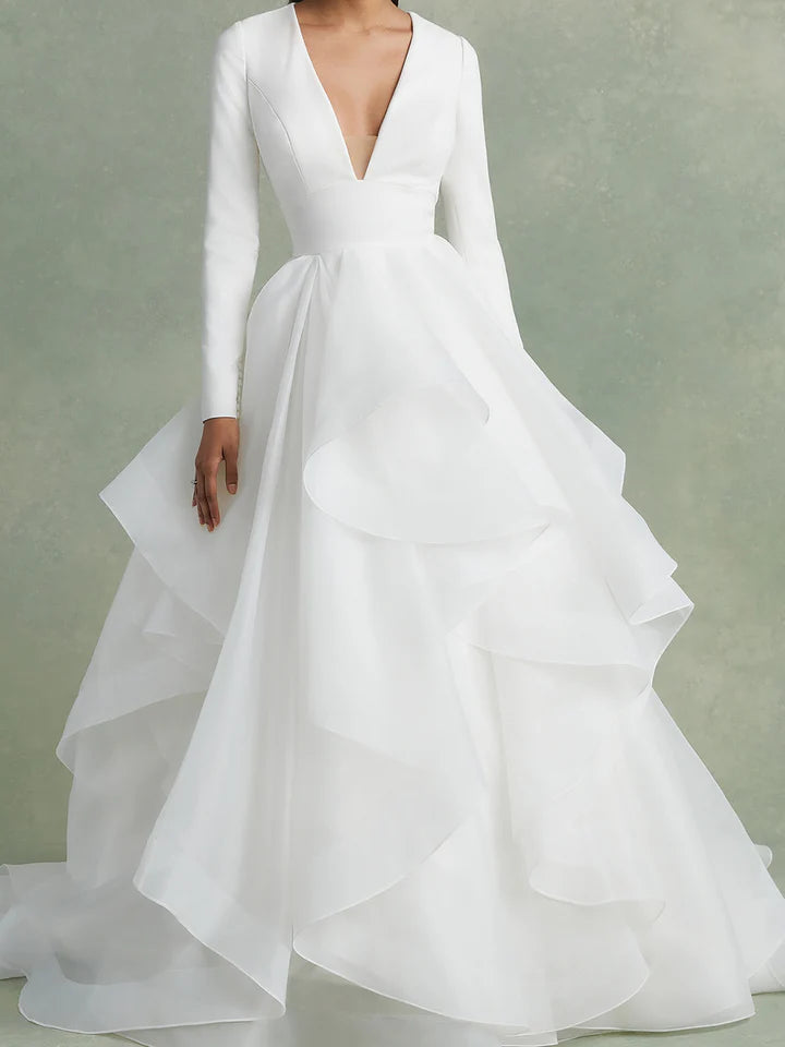 Wholesale A-Line/Princess V-Neck Floor-Length Ball-Gown Wedding Dress With Ruffles