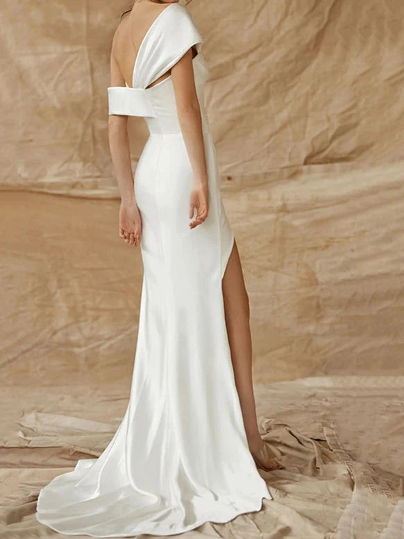 Wholesale Sheath/Column One-Shoulder Silk Satin Wedding Dress With Split