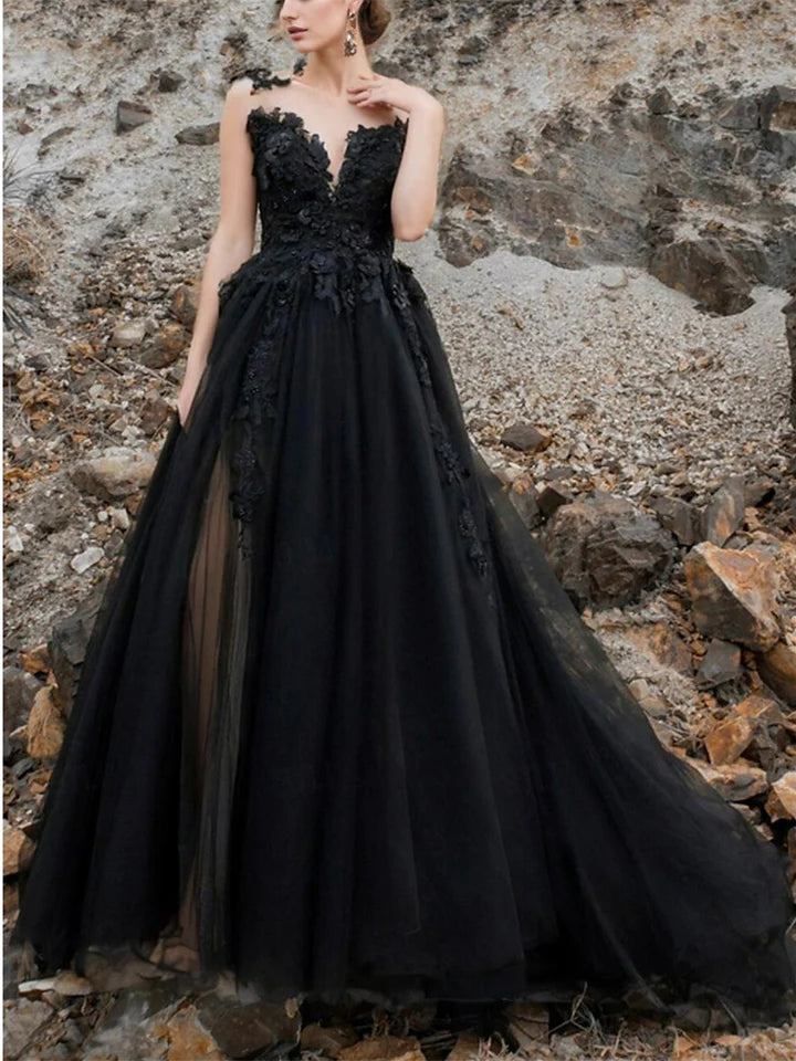 Wholesale A-Line/Princess V-Neck Court Train Black Wedding Dress