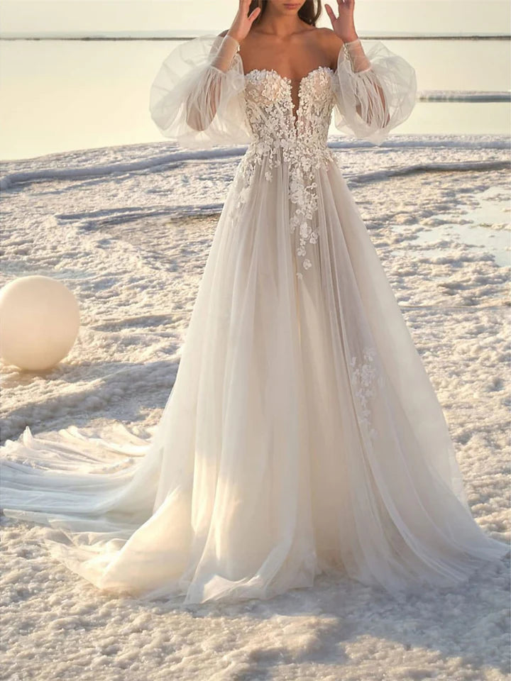 Wholesale A-Line/Princess Off-The-Shoulder Court Train Wedding Dress For Beaching Wedding