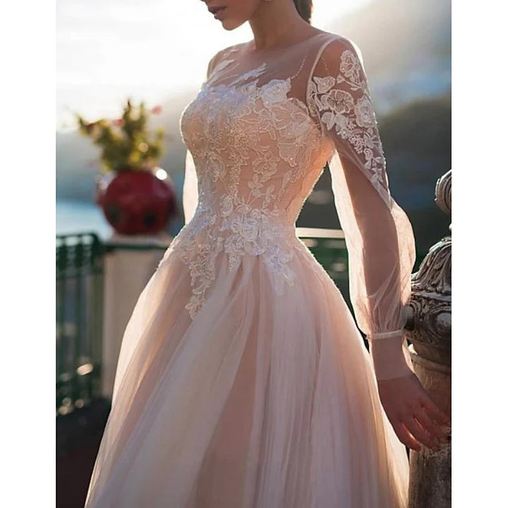Wholesale A-Line/Princess Illusion Neck Beach Wedding Dress With Embroidery Appliques